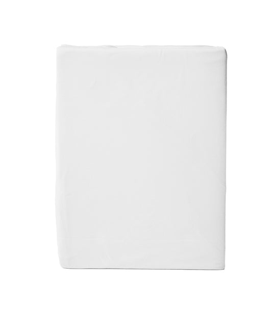 An alternate view of the white fitted sheet, possibly showing it spread on a bed or from a different angle, highlighting its clean, uniform white color and soft texture.